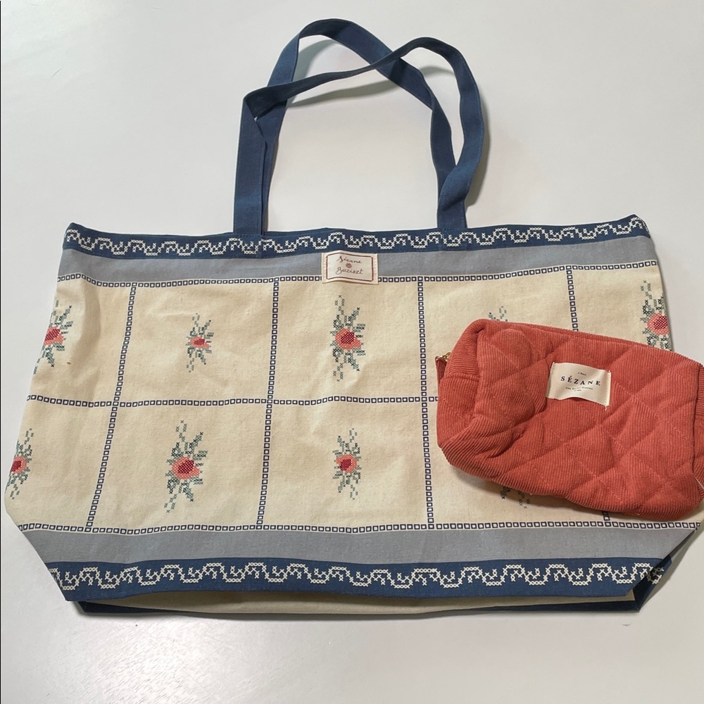 Sezane Floral Cream and Blue Tote with Coral Pouch